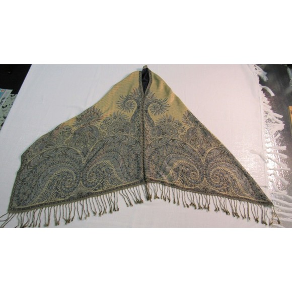 Vtg Boho Indigo Blue Paisley Shawl Wrap Gold Metallic Lame Textile - Picture 6 of 12